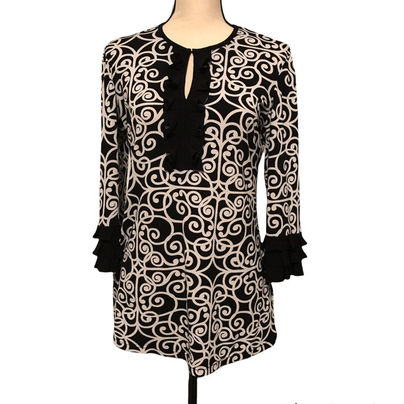 Peck & Peck Black and White Tunic Top with Ruffles in Front and Sleeves, Size 4 - Picture 1 of 6